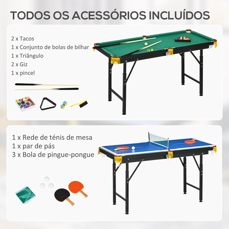 2 em 1 Mesa Multijogos para Crianças de 6+ Anos Mesa de Bilhar e Ping Pong Dobrável com Altura Ajustável e Acessórios 140x63x60-80 cm Multicolor