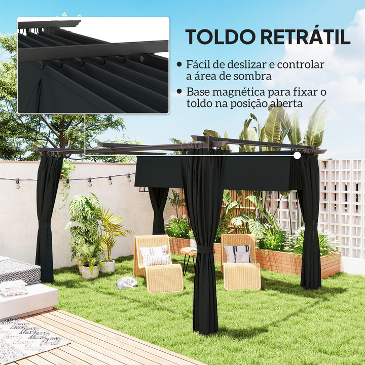 Pérgola com Teto Retrátil 3,9x3x2,2 m Pérgola de Alumínio com Paredes Laterais Tecido de Poliéster Anti UV Resistente a Água Pérgola para Jardim Pátio Cinzento