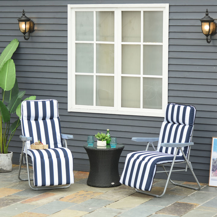 Conjunto de 2 espreguiçadeiras acolchoadas reclináveis e reclináveis com apoio para os pés para a praia ou para o acampamento - azul e branco - aço - 58x90x110cm