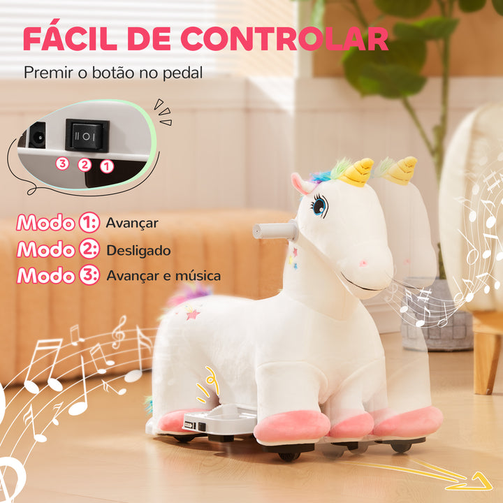 Unicórnio Elétrico para Crianças de 18 a 36 Meses Unicórnio Infantil Elétrico com Bateria 6V e Música Carga 25 kg 69x34x53 cm Branco
