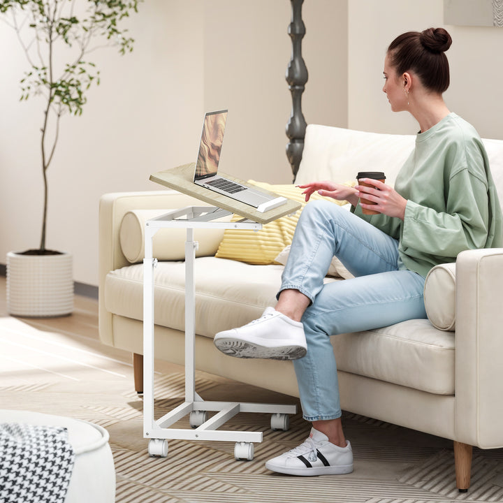 Mesa Auxiliar com Rodas Mesa para Sofá com Altura Ajustável Superfície Inclinável e Estrutura de Metal para Quarto Sala e Escritório 55x36x62,5-82,5 cm Madeira
