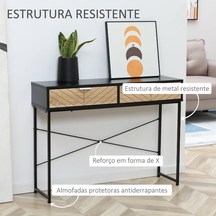 Mesa Consola 100x30x75cm Mesa de Entrada Moderno com 2 Gavetas de Armazenamento e Estrutura de Metal para Corredor Sala de Estar Preto e Madeira