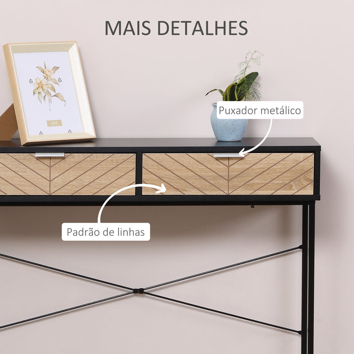 Mesa Consola 100x30x75cm Mesa de Entrada Moderno com 2 Gavetas de Armazenamento e Estrutura de Metal para Corredor Sala de Estar Preto e Madeira