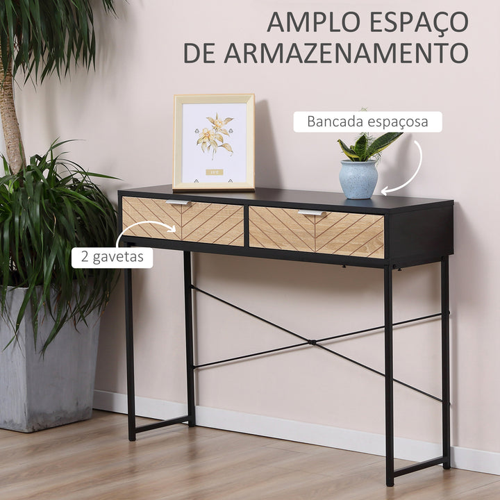 Mesa Consola 100x30x75cm Mesa de Entrada Moderno com 2 Gavetas de Armazenamento e Estrutura de Metal para Corredor Sala de Estar Preto e Madeira