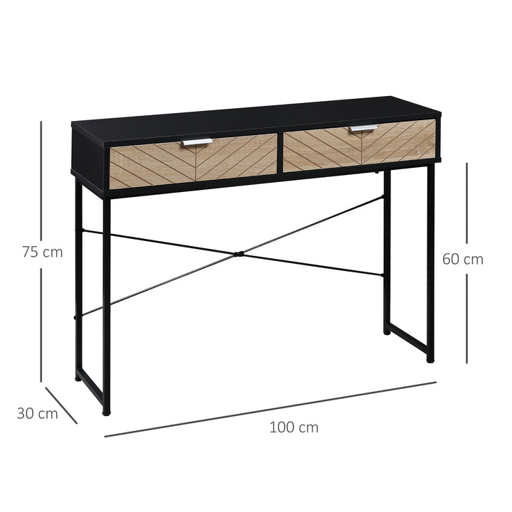 Mesa Consola 100x30x75cm Mesa de Entrada Moderno com 2 Gavetas de Armazenamento e Estrutura de Metal para Corredor Sala de Estar Preto e Madeira