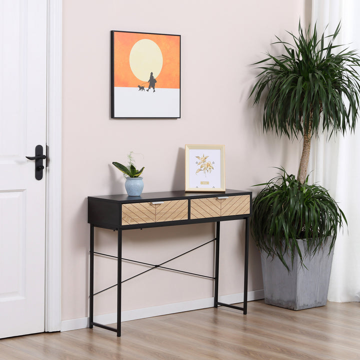 Mesa Consola 100x30x75cm Mesa de Entrada Moderno com 2 Gavetas de Armazenamento e Estrutura de Metal para Corredor Sala de Estar Preto e Madeira
