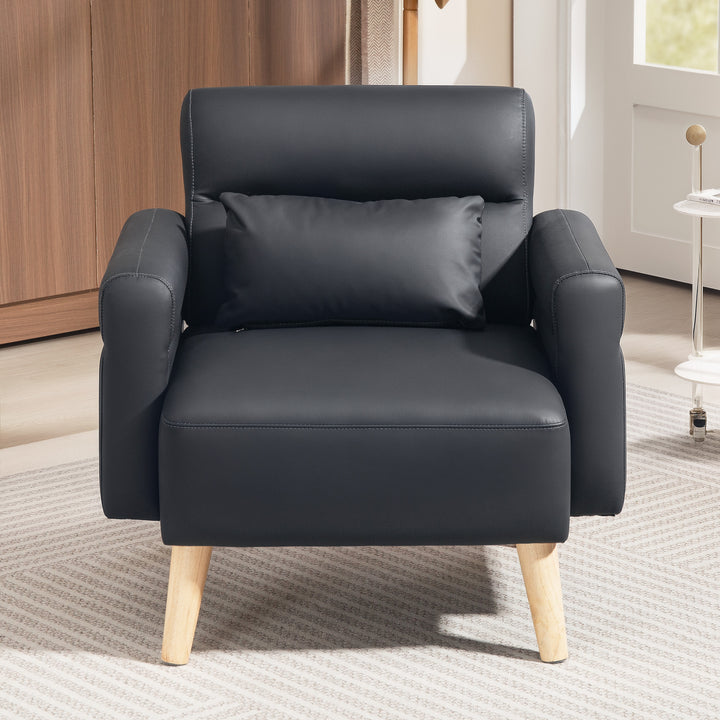 Poltrona Moderna Estofada em Couro Sintético com Apoios de Braço Acolchoados Encosto com Costuras e Pés em Madeira para Dormitório 77x78x78 cm Preto