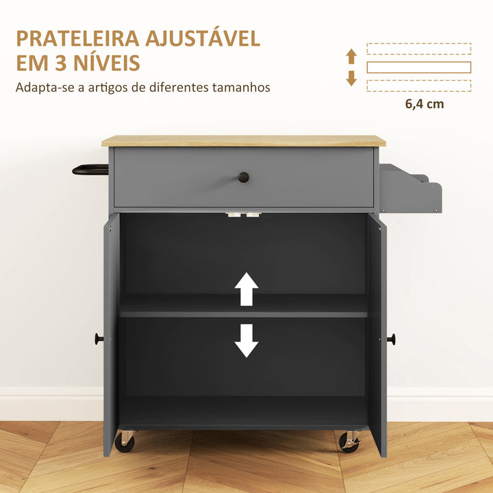 Ilha de Cozinha com Rodas Carrinho de Cozinha com Lateral Dobrável 2 Portas Gaveta Suporte para Temperos e Panos e Prateleira Ajustável 106x42x87 cm Cinza e Carvalho