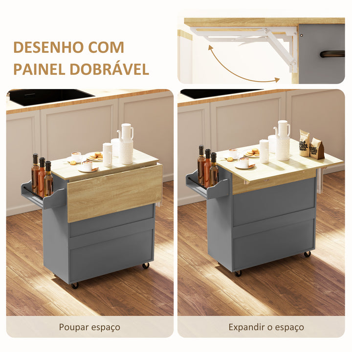 Ilha de Cozinha com Rodas Carrinho de Cozinha com Lateral Dobrável 2 Portas Gaveta Suporte para Temperos e Panos e Prateleira Ajustável 106x42x87 cm Cinza e Carvalho