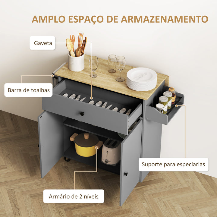 Ilha de Cozinha com Rodas Carrinho de Cozinha com Lateral Dobrável 2 Portas Gaveta Suporte para Temperos e Panos e Prateleira Ajustável 106x42x87 cm Cinza e Carvalho
