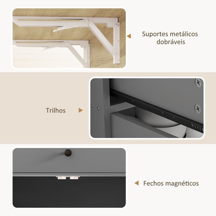 Ilha de Cozinha com Rodas Carrinho de Cozinha com Lateral Dobrável 2 Portas Gaveta Suporte para Temperos e Panos e Prateleira Ajustável 106x42x87 cm Cinza e Carvalho