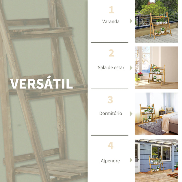 Suporte para Plantas de Madeira com 3 Níveis Estante para Plantas Dobrável Suporte para Vasos de Plantas para Interior e Exterior Jardim Varanda 80x37x93 cm Madeira