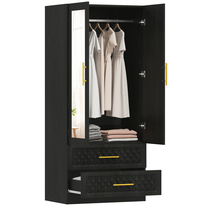 Roupeiro com Espelho 2 Portas e 2 Gavetas Roupeiro para Dormitório com Relevo de Diamante Barra para Pendurar Estilo Moderno 80x50x180 cm Preto