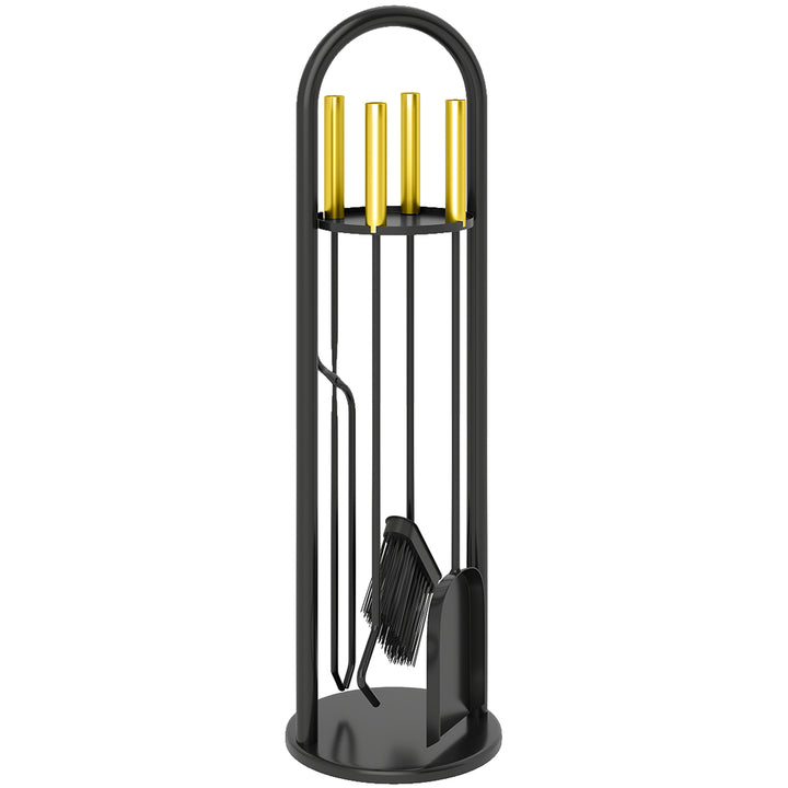 Conjunto de Acessórios para Lareira de 5 Peças Acessórios de Metal com Vassoura Pá Par de Tenazes Atiçador e Suporte 20x20x71 cm Preto e Dourado