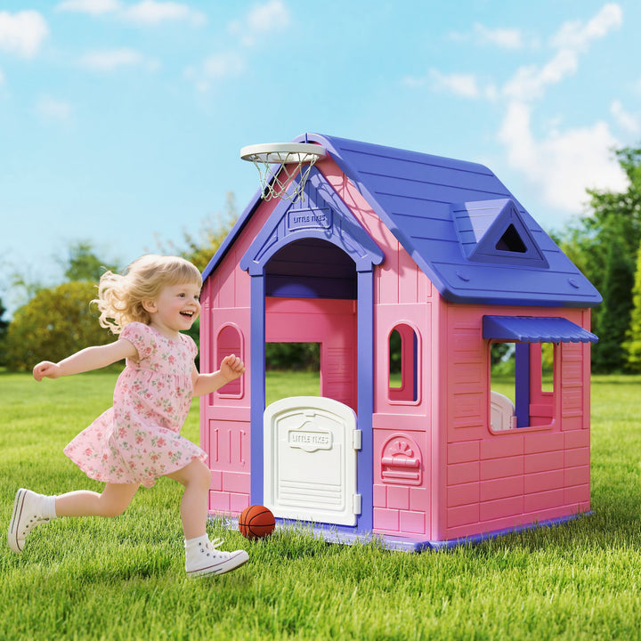 Casinha Infantil para Exterior e Interior 3 em 1 Casinha de Jardim com Lançamento de Aros e Basquetebol Casa de Jogos para Crianças de 2-5 Anos 132x118x124 cm Rosa e Roxo