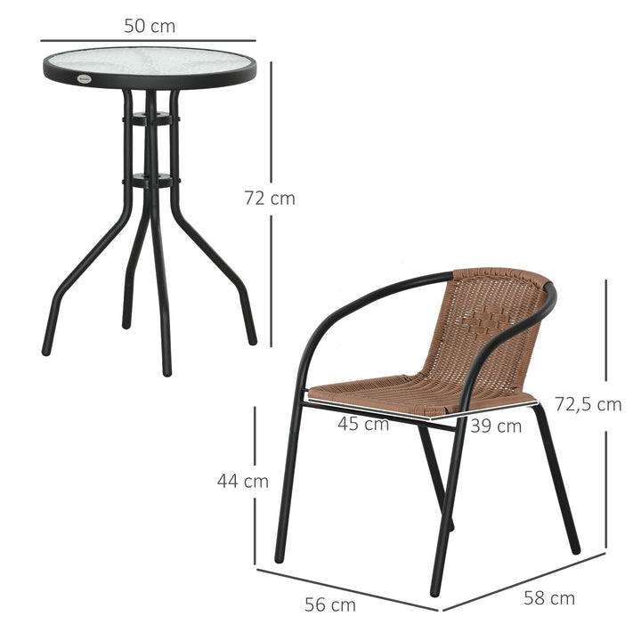 Conjunto de 3 Peças de Vime para Jardim com 2 Cadeiras Empilháveis e 1 Mesa de Centro Redonda com Tampo de Vidro Temperado para Terraço Pátio Marróm
