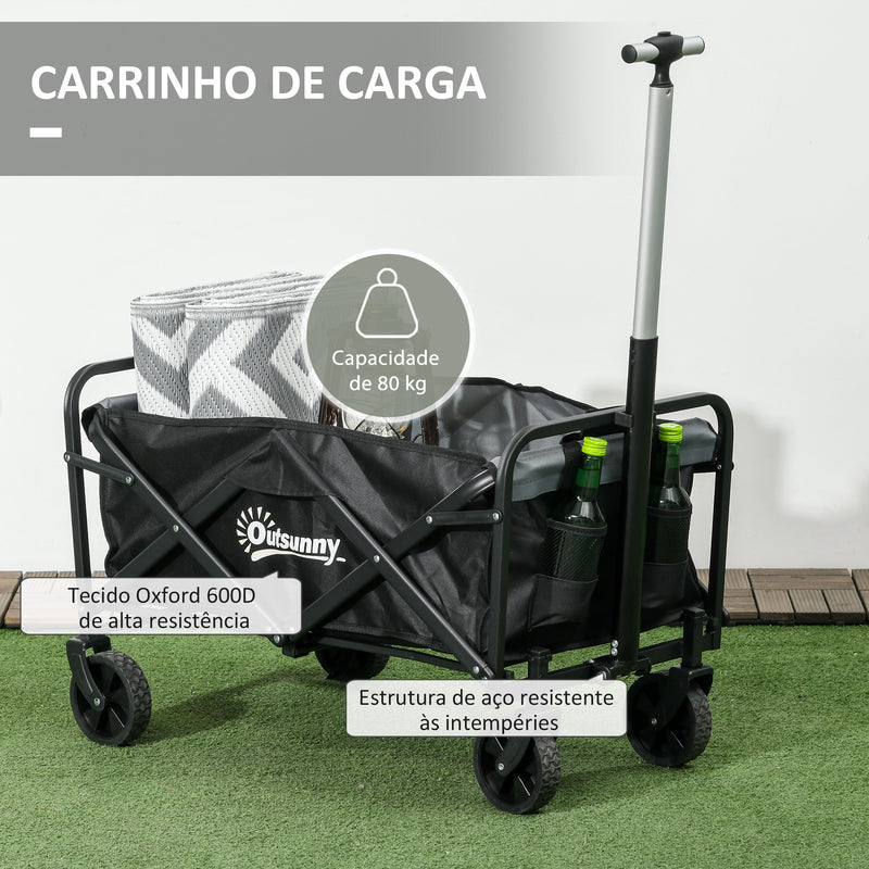 Carrinho de Transporte Carrinho Dobrável com 4 Rodas Manípulo Ajustável Capacidade 70 L Carga 80 kg para Jardim Praia Campismo Preto