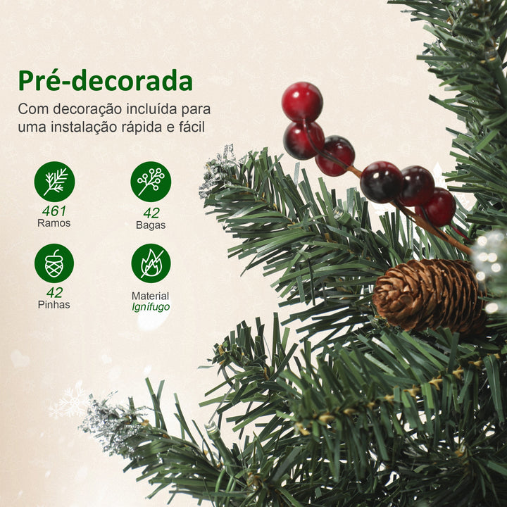Árvore de Natal Slim 180 cm Árvore de Natal Artificial com Luzes LED Branco Quente 8 Modos de Iluminação 461 Ramos com Purpurina Prateada Pinhas Bagas e Suporte Metálico Verde
