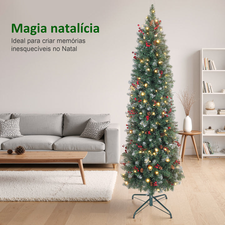 Árvore de Natal Slim 180 cm Árvore de Natal Artificial com Luzes LED Branco Quente 8 Modos de Iluminação 461 Ramos com Purpurina Prateada Pinhas Bagas e Suporte Metálico Verde