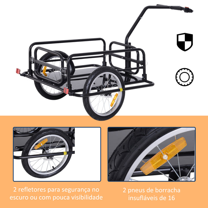 Reboque de Carga para Bicicleta Carrinho Dobrável para Bicicleta com 2 Rodas Refletores Seguros Carga 40 kg 155x71,5x77 cm Preto