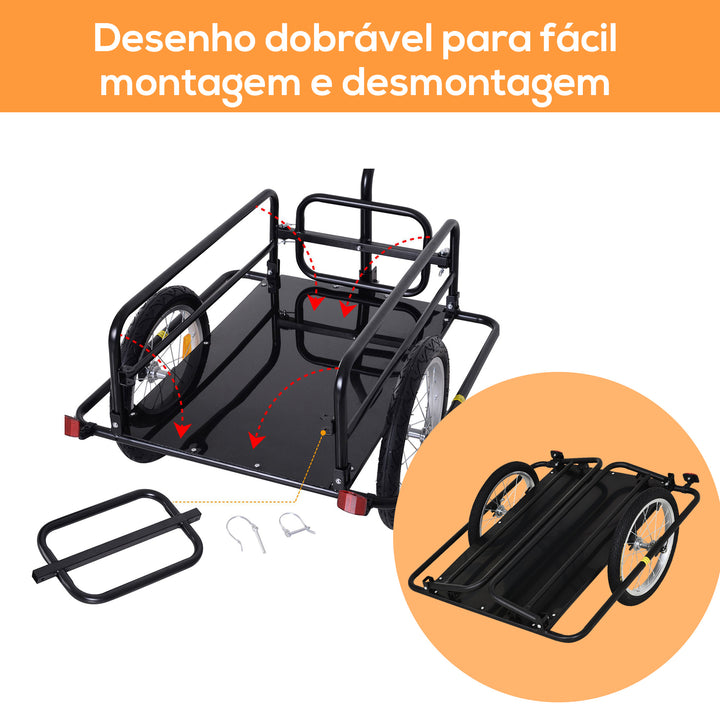 Reboque de Carga para Bicicleta Carrinho Dobrável para Bicicleta com 2 Rodas Refletores Seguros Carga 40 kg 155x71,5x77 cm Preto