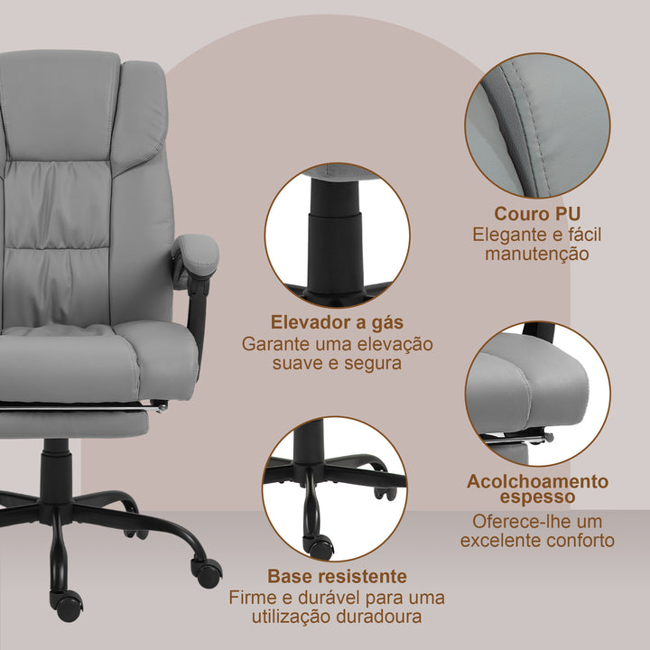 Cadeira de Escritório com Massagem de 6 Pontos Cadeira Giratória com Encosto Alto Reclinável Altura Ajustável Apoio para Pés e Controlo Remoto 66x75x112-122 cm Cinza