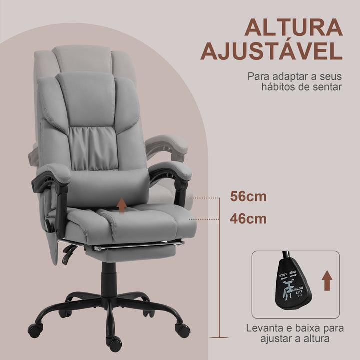 Cadeira de Escritório com Massagem de 6 Pontos Cadeira Giratória com Encosto Alto Reclinável Altura Ajustável Apoio para Pés e Controlo Remoto 66x75x112-122 cm Cinza