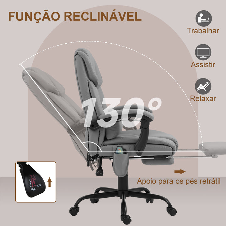 Cadeira de Escritório com Massagem de 6 Pontos Cadeira Giratória com Encosto Alto Reclinável Altura Ajustável Apoio para Pés e Controlo Remoto 66x75x112-122 cm Cinza