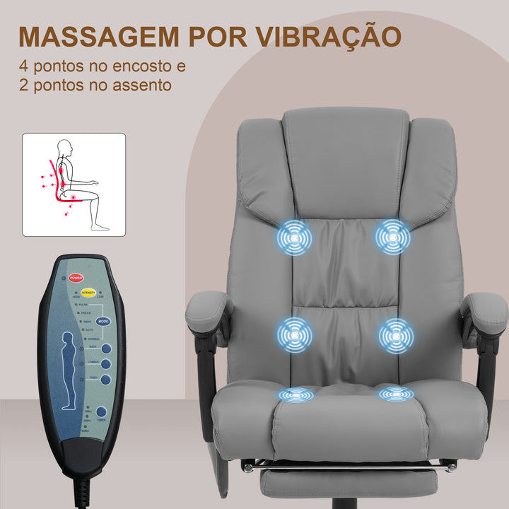Cadeira de Escritório com Massagem de 6 Pontos Cadeira Giratória com Encosto Alto Reclinável Altura Ajustável Apoio para Pés e Controlo Remoto 66x75x112-122 cm Cinza