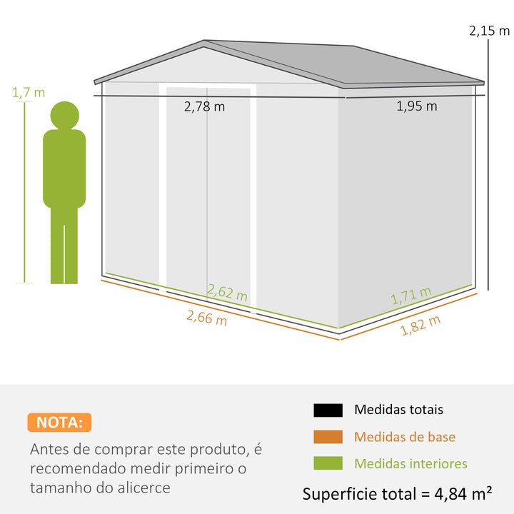 Abrigo de Jardim Exterior 4,84m² 278x195x215 cm Abrigo de Jardim Metálico com 2 Portas de Correr e 4 Janelas de Ventilação para Armazenamento de Ferramentas Madeira e Marrom