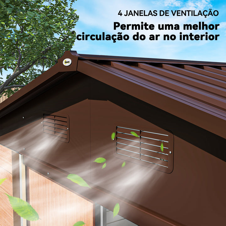 Abrigo de Jardim Exterior 4,84m² 278x195x215 cm Abrigo de Jardim Metálico com 2 Portas de Correr e 4 Janelas de Ventilação para Armazenamento de Ferramentas Madeira e Marrom