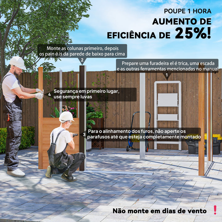Abrigo de Jardim Exterior 4,84m² 278x195x215 cm Abrigo de Jardim Metálico com 2 Portas de Correr e 4 Janelas de Ventilação para Armazenamento de Ferramentas Madeira e Marrom