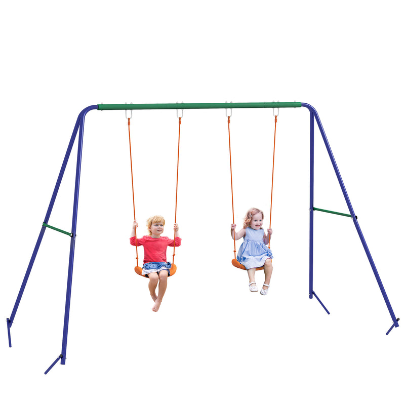 Conjunto de Baloiço Infantil Baloiço para Crianças de 3-8 Anos com 2 Assentos Resistente aos Raios UV e Suporte de Metal Carga 90 kg para Pátio Jardim 269x160x180 cm Multicor