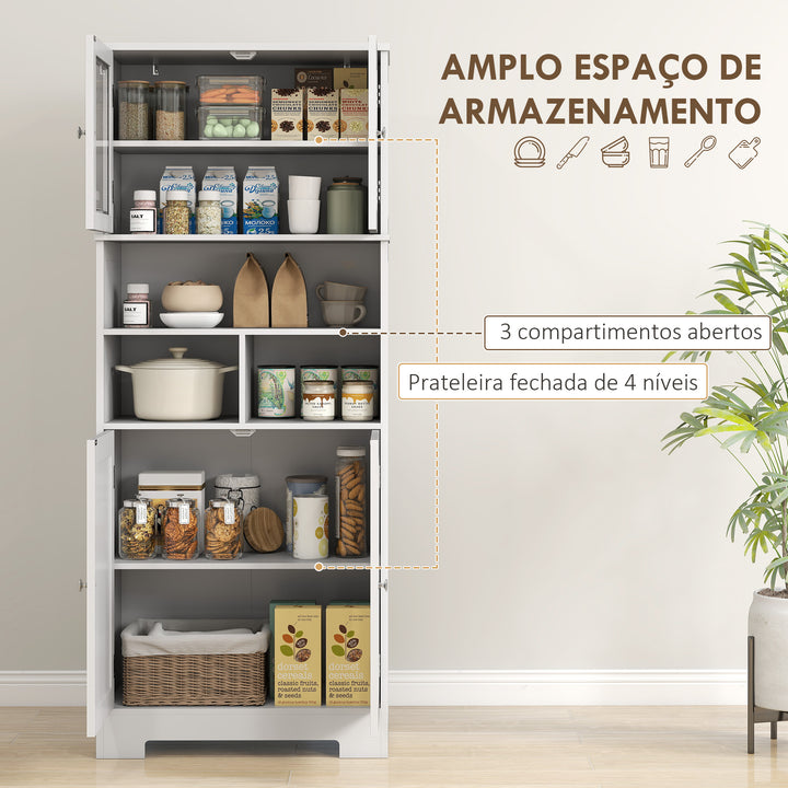 Armário de Cozinha Móvel Auxiliar de Cozinha Armário Alto de Cozinha com 2 Portas de Vidro Prateleiras Ajustáveis e Compartimentos Abertos 60x30x145,5 cm Branco