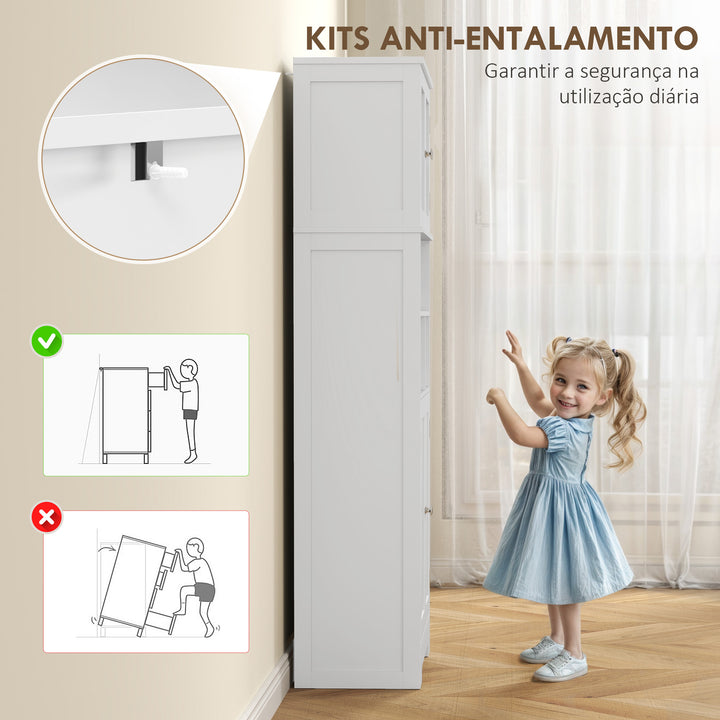 Armário de Cozinha Móvel Auxiliar de Cozinha Armário Alto de Cozinha com 2 Portas de Vidro Prateleiras Ajustáveis e Compartimentos Abertos 60x30x145,5 cm Branco