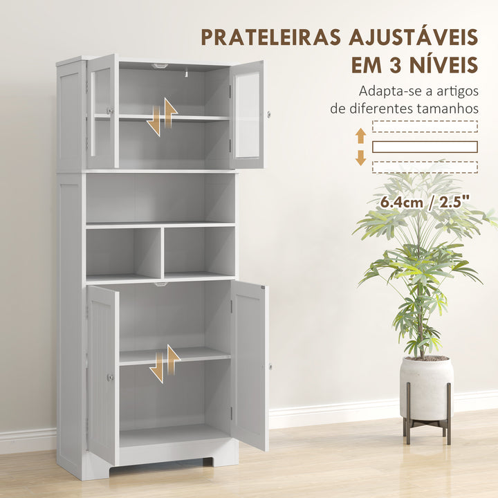 Armário de Cozinha Móvel Auxiliar de Cozinha Armário Alto de Cozinha com 2 Portas de Vidro Prateleiras Ajustáveis e Compartimentos Abertos 60x30x145,5 cm Branco