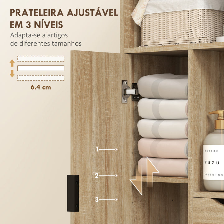 Móvel de Casa de Banho Estreito Armário de Casa de Banho com 2 Gavetas Compartimento Aberto e Prateleiras Ajustáveis para Espaço Pequeno Cozinha Sala 50x25x100 cm Madeira