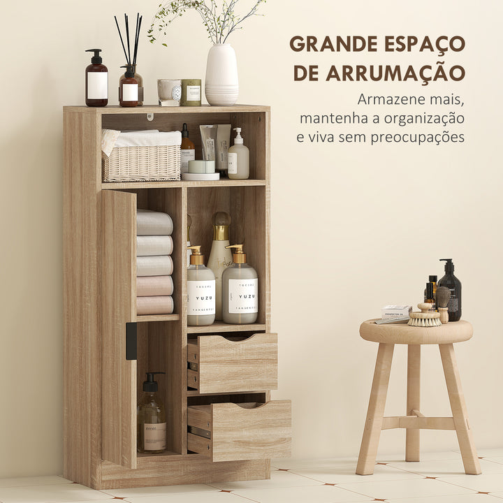 Móvel de Casa de Banho Estreito Armário de Casa de Banho com 2 Gavetas Compartimento Aberto e Prateleiras Ajustáveis para Espaço Pequeno Cozinha Sala 50x25x100 cm Madeira