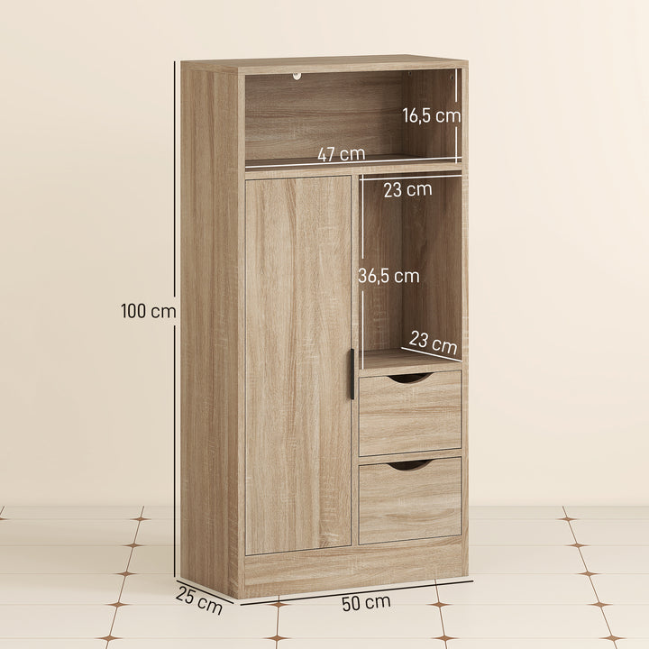 Móvel de Casa de Banho Estreito Armário de Casa de Banho com 2 Gavetas Compartimento Aberto e Prateleiras Ajustáveis para Espaço Pequeno Cozinha Sala 50x25x100 cm Madeira