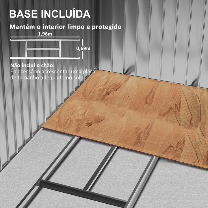 Abrigo de Jardim 213x130x185cm Abrigo de Jardim Metálico de Exterior para Armazenamento de Ferramentas com 2 Portas Deslizantes e 4 Janelas para Terraço Branco e Cinza