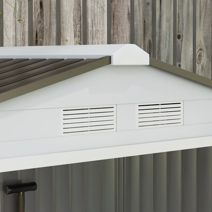 Abrigo de Jardim 213x130x185cm Abrigo de Jardim Metálico de Exterior para Armazenamento de Ferramentas com 2 Portas Deslizantes e 4 Janelas para Terraço Branco e Cinza