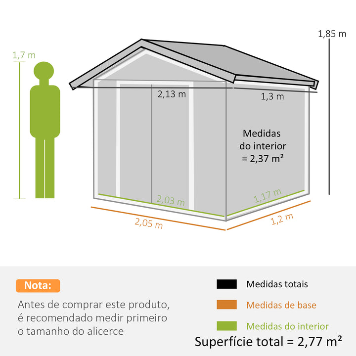 Abrigo de Jardim 213x130x185cm Abrigo de Jardim Metálico de Exterior para Armazenamento de Ferramentas com 2 Portas Deslizantes e 4 Janelas para Terraço Branco e Cinza