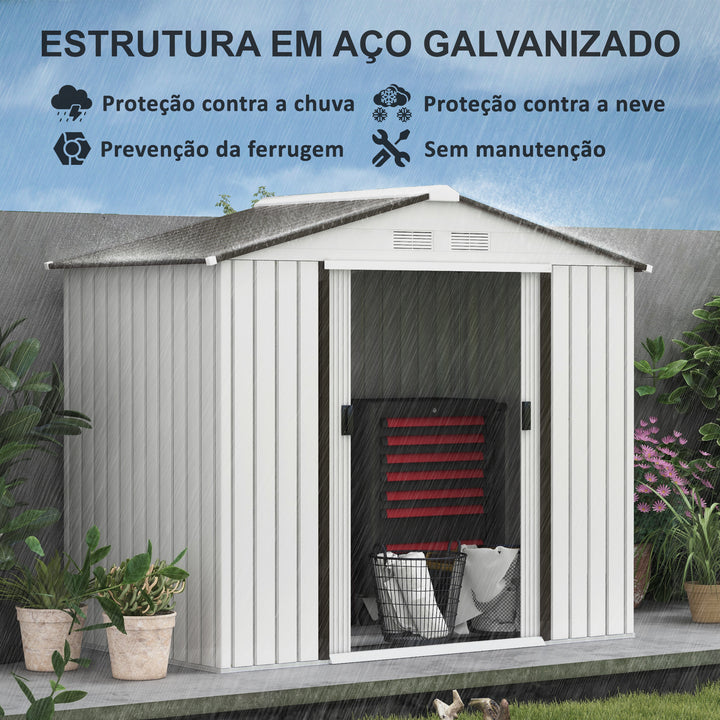 Abrigo de Jardim 213x130x185cm Abrigo de Jardim Metálico de Exterior para Armazenamento de Ferramentas com 2 Portas Deslizantes e 4 Janelas para Terraço Branco e Cinza