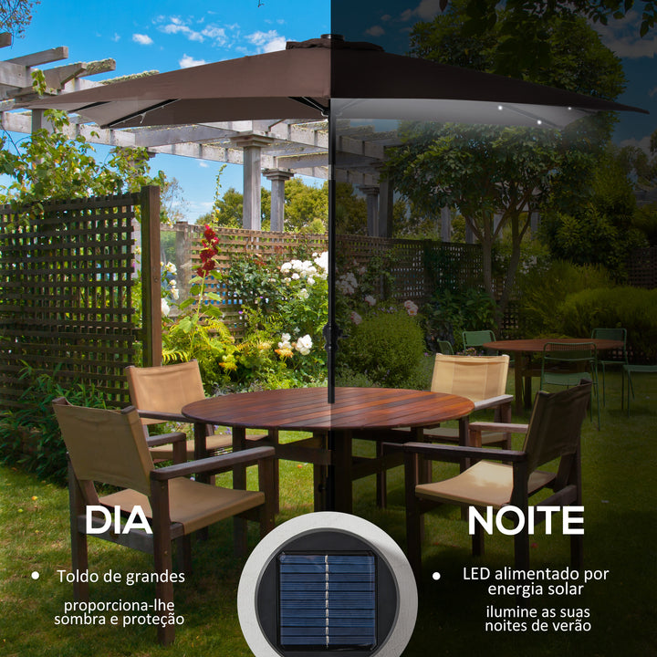 Chapéu de Sol com Luzes LED 268x205x248 cm Chapéu de Sol de Jardim Inclinável até 45° Anti-UV e Abertura a Manivela para Pátio Varanda Marrom