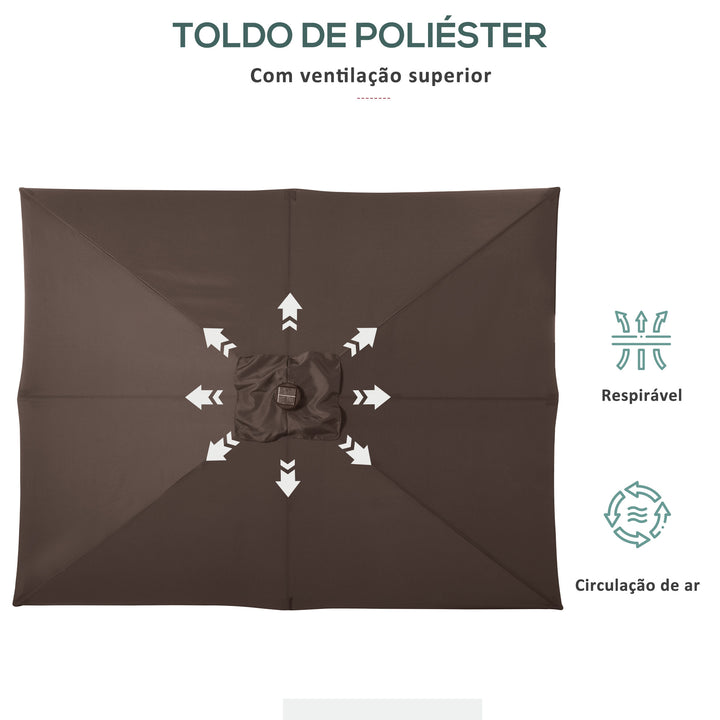 Chapéu de Sol com Luzes LED 268x205x248 cm Chapéu de Sol de Jardim Inclinável até 45° Anti-UV e Abertura a Manivela para Pátio Varanda Marrom
