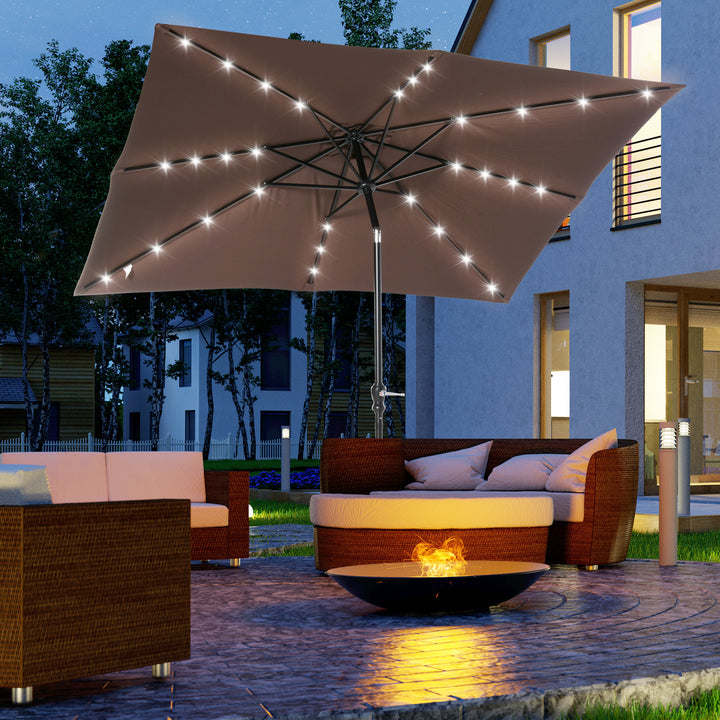 Chapéu de Sol com Luzes LED 268x205x248 cm Chapéu de Sol de Jardim Inclinável até 45° Anti-UV e Abertura a Manivela para Pátio Varanda Marrom