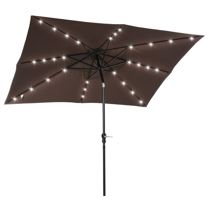 Chapéu de Sol com Luzes LED 268x205x248 cm Chapéu de Sol de Jardim Inclinável até 45° Anti-UV e Abertura a Manivela para Pátio Varanda Marrom