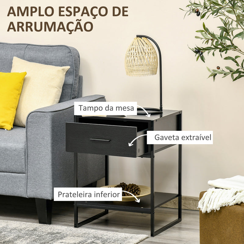 Mesa de Cabeceira Mesa Auxiliar com 1 Gaveta e Prateleira de Armazenamento para Dormitórios Sala de Estar Escritório Estilo Moderno 45x40x60cm Preto