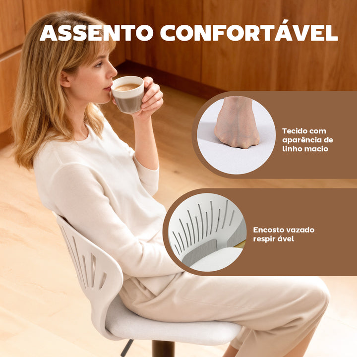 Conjunto de 2 Bancos Altos de Cozinha Giratórios a 360° Bancos de Bar Reguláveis em Altura de 84-105 cm Encosto Oco Apoio para os Pés para Sala de Jantar Balcão 40,5x43x84-105 cm Branco