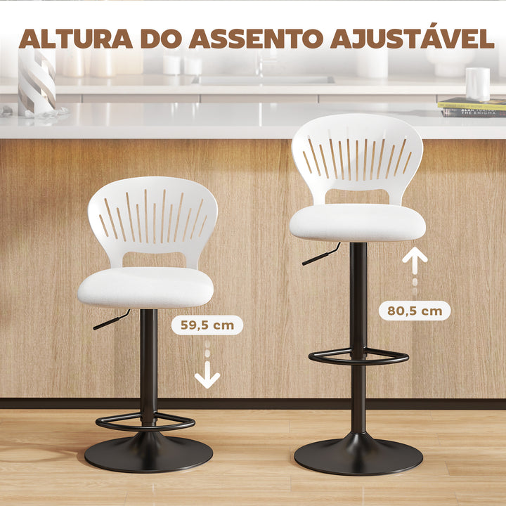 Conjunto de 2 Bancos Altos de Cozinha Giratórios a 360° Bancos de Bar Reguláveis em Altura de 84-105 cm Encosto Oco Apoio para os Pés para Sala de Jantar Balcão 40,5x43x84-105 cm Branco
